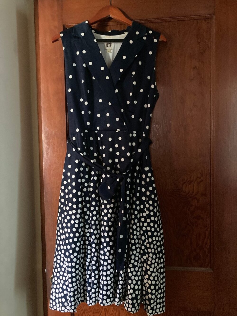 Anne Klein Women’s Sz 14 Navy White Polka Dot Sleeveless Fit & Flare Midi Dress
